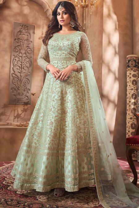 Light Green Faux Georgette Floor Length Anarkali Suit With Heavy Look and Beautifull Embroidered Work