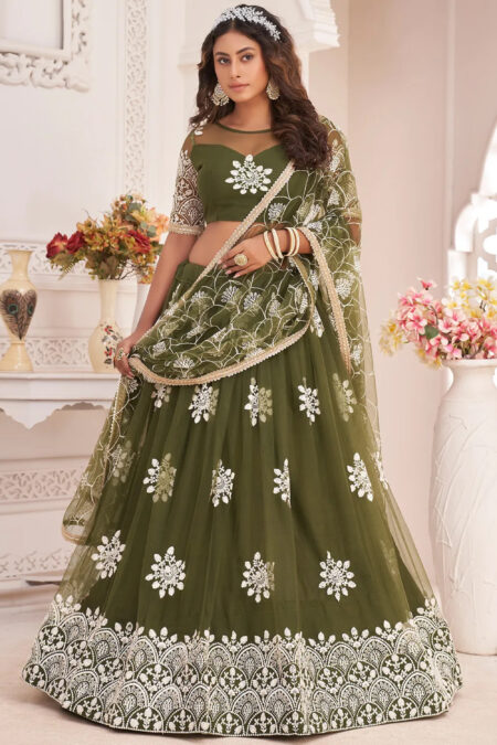 Olive Green Lehenga Choli With Heavy Look and Beautifull Embroidered Work